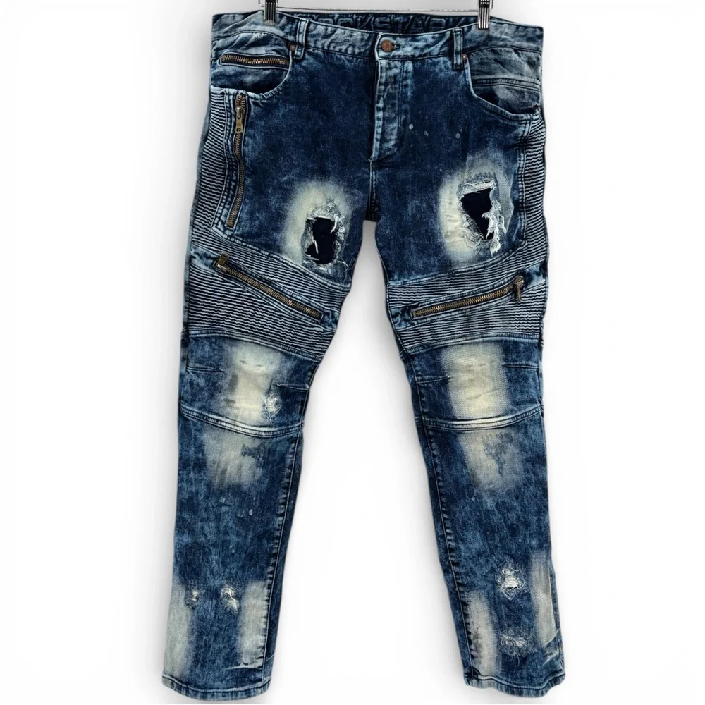 Rockstar Distressed Moto Jeans Acid Wash Zip Biker Denim 38